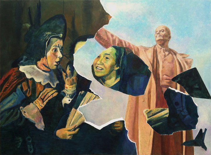 A painting of two women and a statue