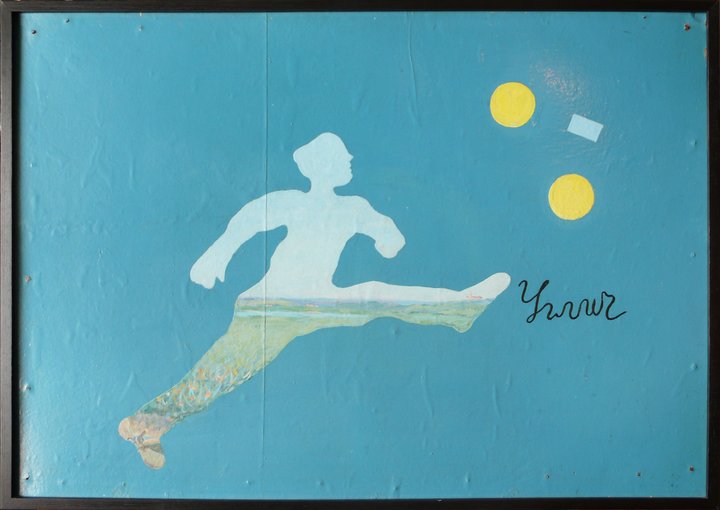 A painting of an outline of a man filled in with a seascape