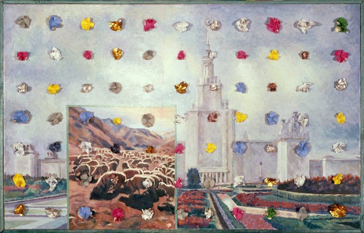 a painting with a bright screwed up bits of paper on it